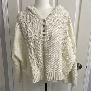 POL Cozy Mix Hoodie Sweater Cream Waffle Cable Knit Quilted High-low Top Sz US S